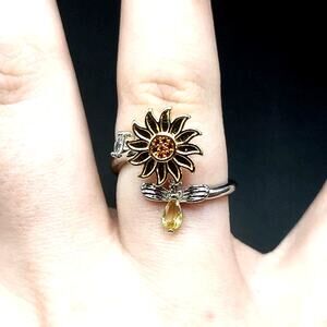 Silver & Gold ToneBee Sunflower Spinner Ring CZ Topaz Valentines Birthday Gift